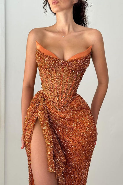 Orange Strapless Sequin Prom Dress With Corset And Slit Formal Evening Gown