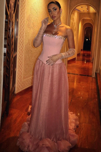 Pink Strapless Corset Prom Dress With Beaded Bodice And Tulle Skirt Formal Evening Gown