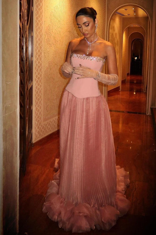 Pink Strapless Corset Prom Dress With Beaded Bodice And Tulle Skirt Formal Evening Gown