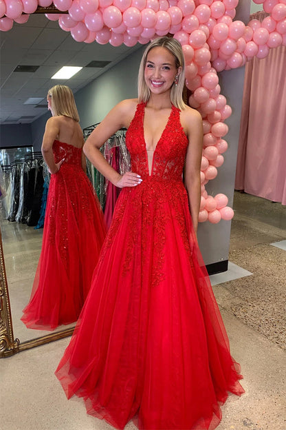 Plunging V-neck Beaded Lace Applique Red Long Prom Dress