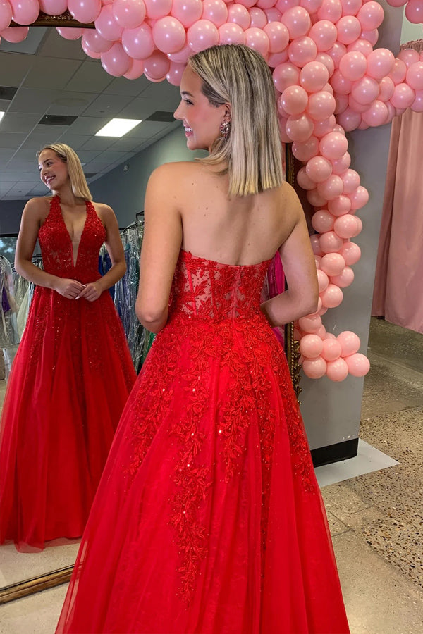 Plunging V-neck Beaded Lace Applique Red Long Prom Dress