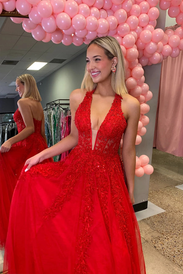Plunging V-neck Beaded Lace Applique Red Long Prom Dress