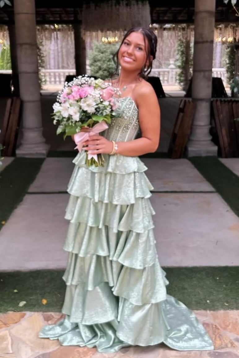 Pretty A Line Strapless Light Green Corset Prom Dress with Beading Ruffles