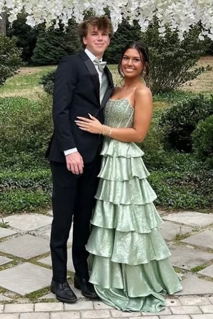 Pretty A Line Strapless Light Green Corset Prom Dress with Beading Ruffles