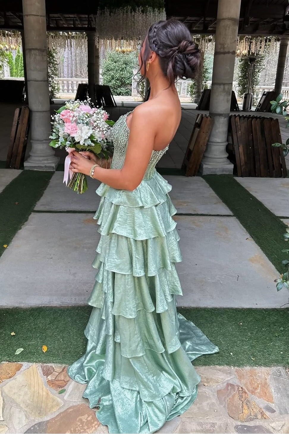 Pretty A Line Strapless Light Green Corset Prom Dress with Beading Ruffles