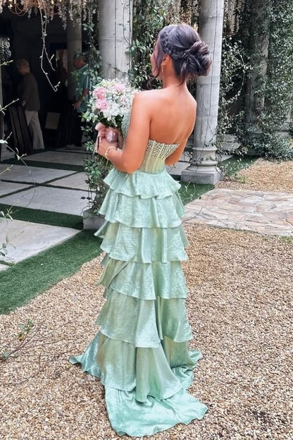 Pretty A Line Strapless Light Green Corset Prom Dress with Beading Ruffles