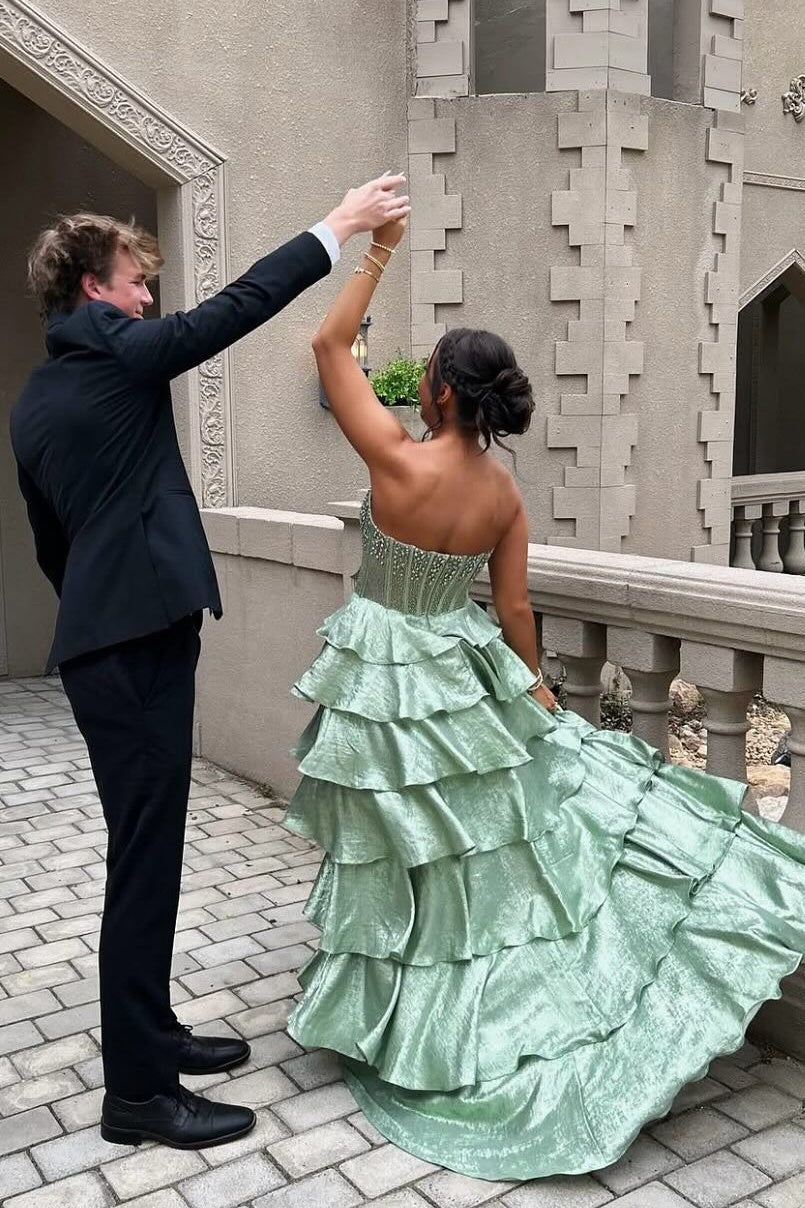 Pretty A Line Strapless Light Green Corset Prom Dress with Beading Ruffles