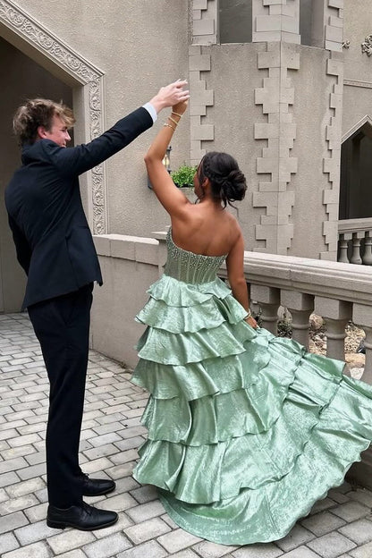 Pretty A Line Strapless Light Green Corset Prom Dress with Beading Ruffles