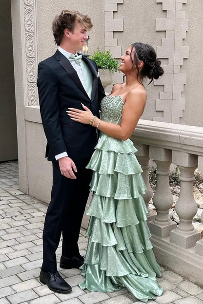 Pretty A Line Strapless Light Green Corset Prom Dress with Beading Ruffles