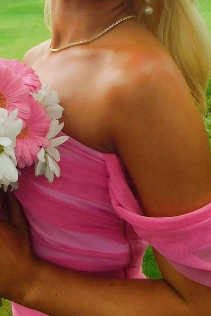 Pretty Mermaid Off the Shoulder Pink Long Prom Dress with Ruched
