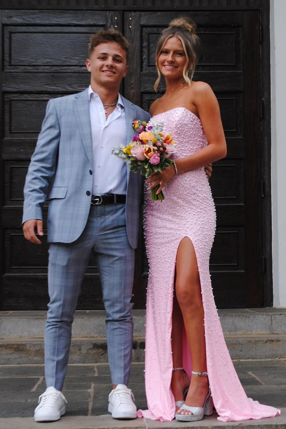 Pretty Mermaid Strapless Pink Long Prom Dress with Pearls