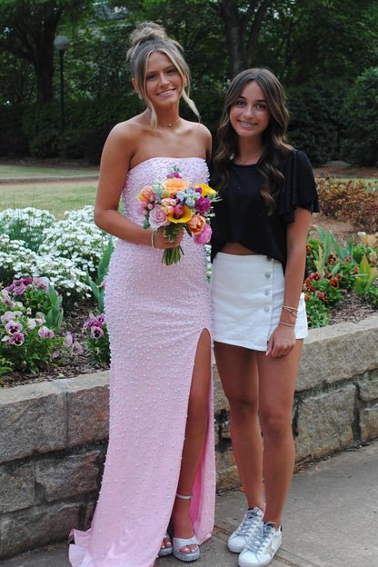 Pretty Mermaid Strapless Pink Long Prom Dress with Pearls