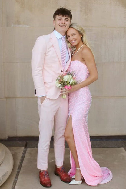 Pretty Mermaid Strapless Pink Long Prom Dress with Pearls