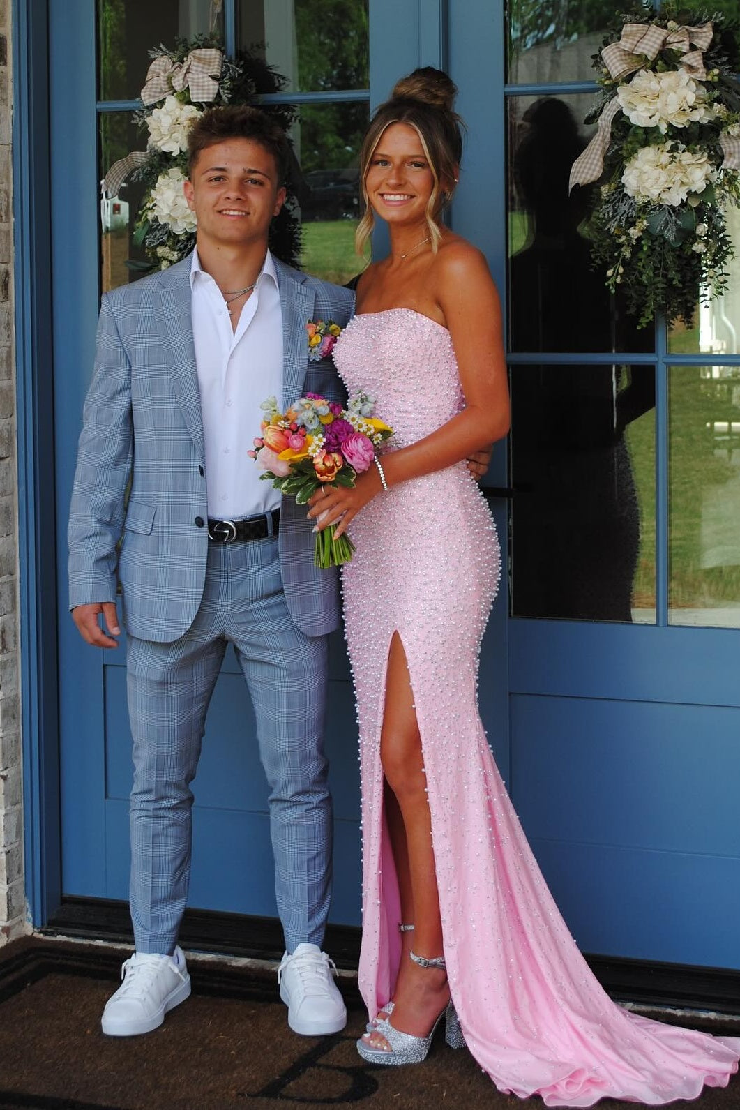 Pretty Mermaid Strapless Pink Long Prom Dress with Pearls