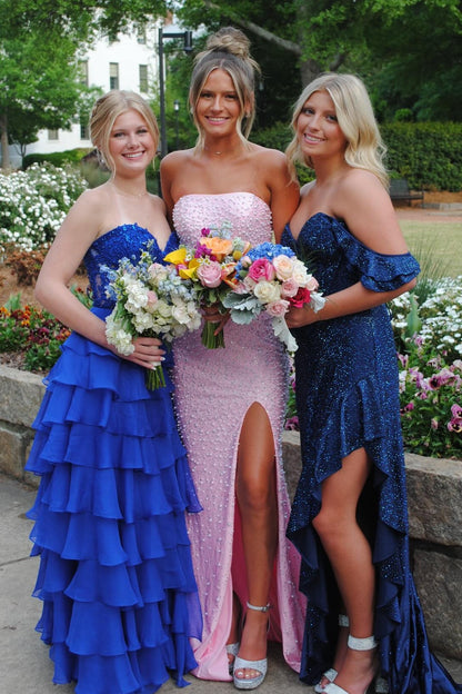 Pretty Mermaid Strapless Pink Long Prom Dress with Pearls