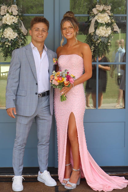 Pretty Mermaid Strapless Pink Long Prom Dress with Pearls
