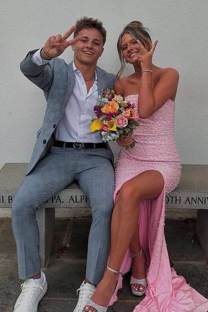 Pretty Mermaid Strapless Pink Long Prom Dress with Pearls