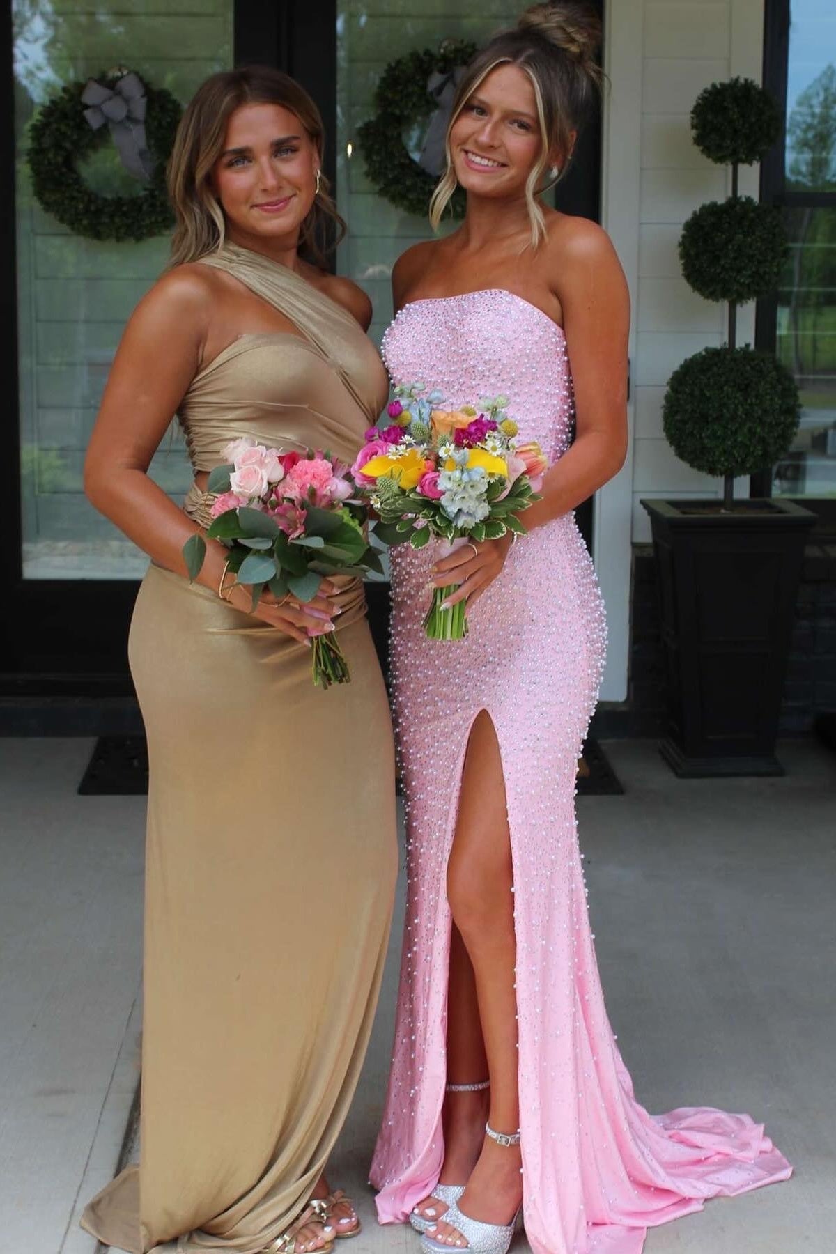 Pretty Mermaid Strapless Pink Long Prom Dress with Pearls