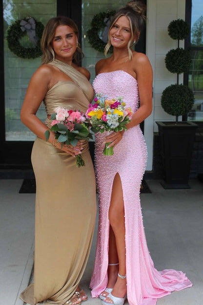 Pretty Mermaid Strapless Pink Long Prom Dress with Pearls