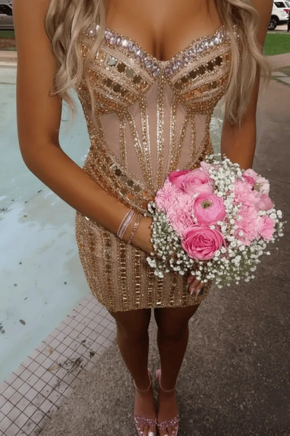 Rhinestone Corset Mini Dress with Sweetheart Neckline