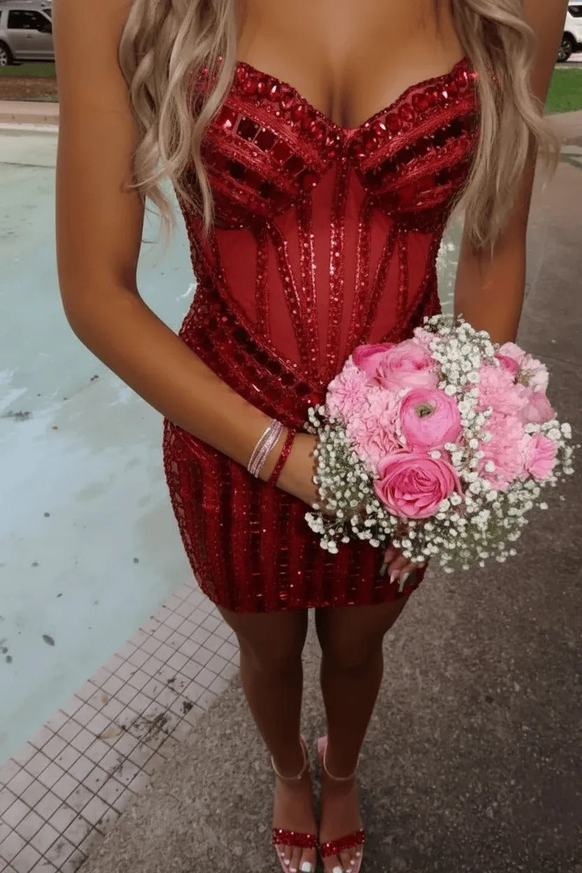 Rhinestone Corset Mini Dress with Sweetheart Neckline