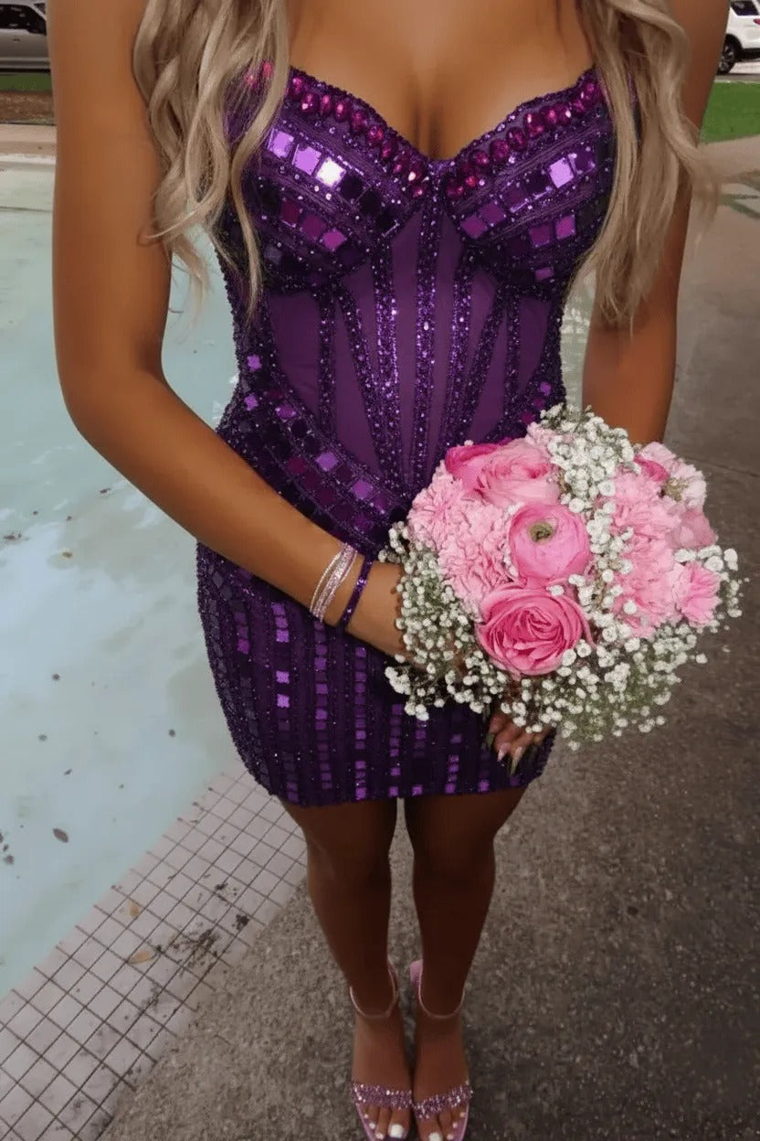 Rhinestone Corset Mini Dress with Sweetheart Neckline