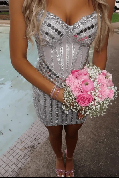 Rhinestone Corset Mini Dress with Sweetheart Neckline