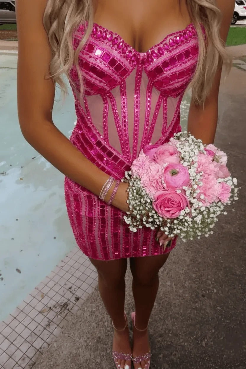 Rhinestone Corset Mini Dress with Sweetheart Neckline