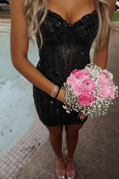 Rhinestone Corset Mini Dress with Sweetheart Neckline