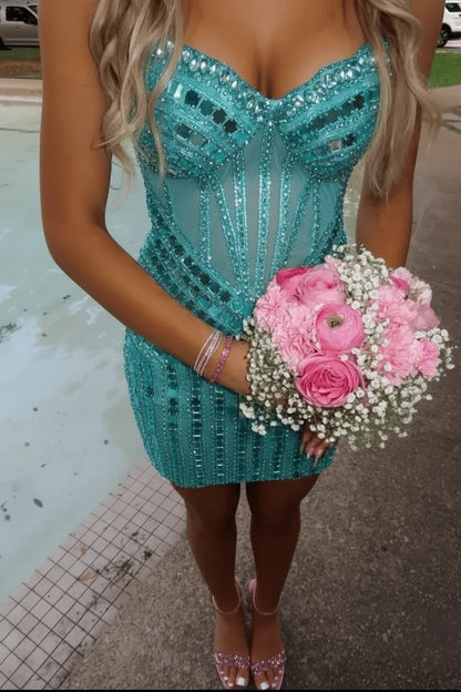 Rhinestone Corset Mini Dress with Sweetheart Neckline