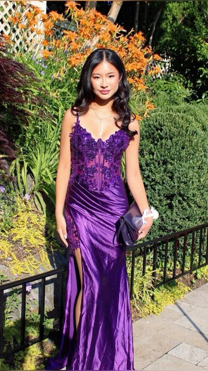 Purple V-Neck Mermaid Prom Dresses Appliques Lace Appliques Party Dress With Side Slit