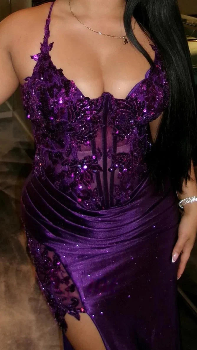 Purple V-Neck Mermaid Prom Dresses Appliques Lace Appliques Party Dress With Side Slit