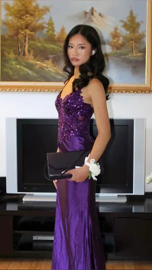 Purple V-Neck Mermaid Prom Dresses Appliques Lace Appliques Party Dress With Side Slit