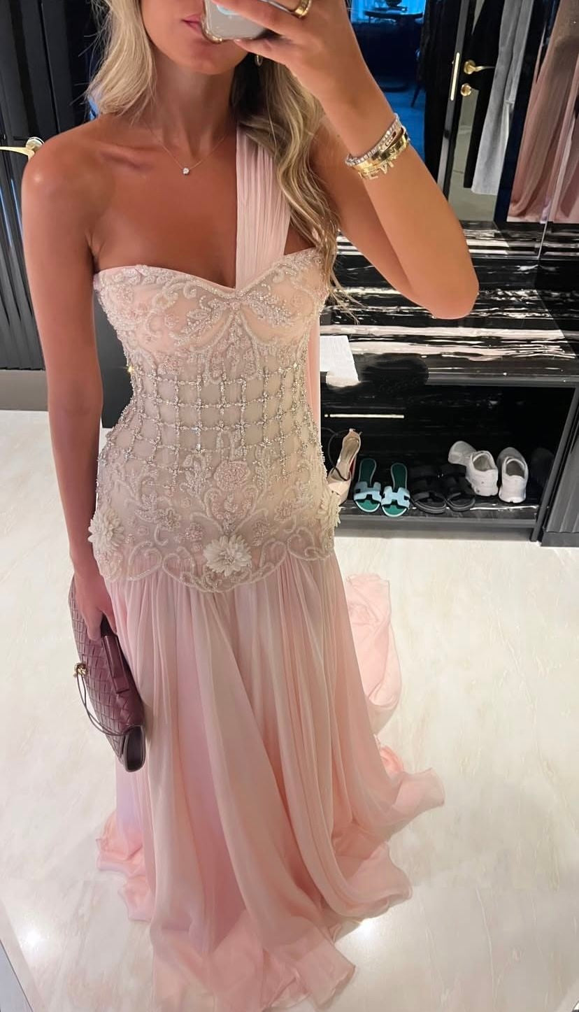 Exquisite Mermaid One Shoulder Pink Chiffon With Silver Beaded Prom Dr VOAND Exquisite Mermaid One Shoulder Pink Chiffon With Silver Beaded Prom Dr VOAND
