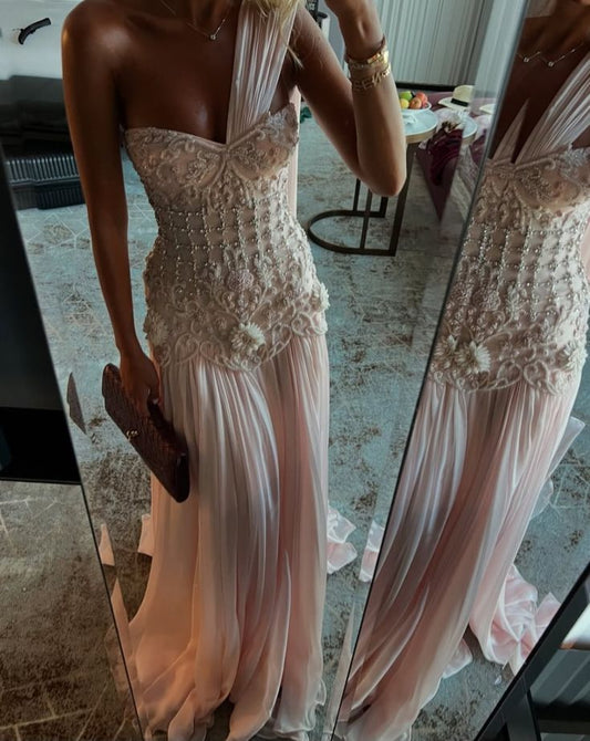 Exquisite Mermaid One Shoulder Pink Chiffon With Silver Beaded Prom Dresses Long Party Prom Gown