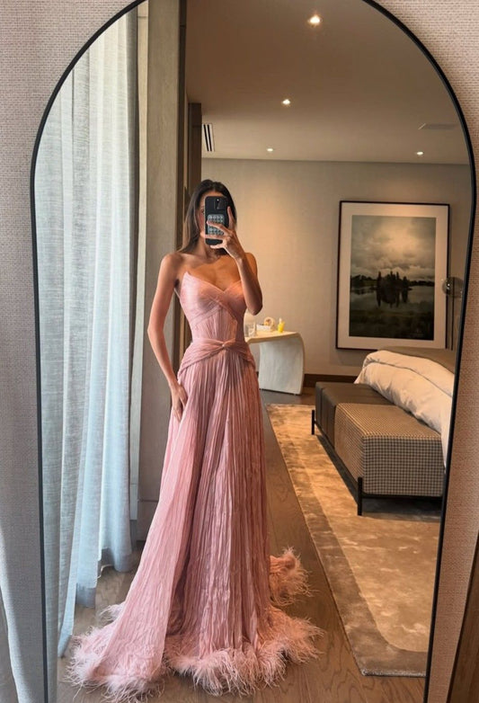 Special A Line Sweetheart Pleated Chiffon Pink Sleeveless Feathers Long Prom Dresses Inspo Prom Gown RB1394