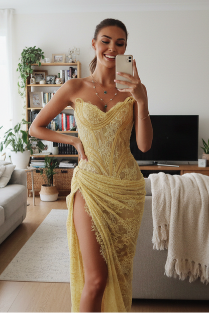 Unique Mermaid Sweetheart Yellow Lace Slit Prom Dresses Long Party Dress