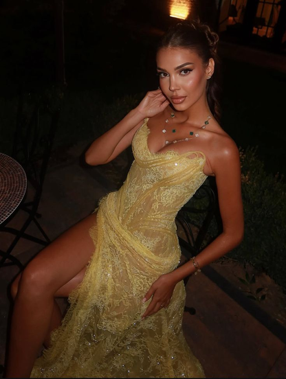 Unique Mermaid Sweetheart Yellow Lace Slit Prom Dresses Long Party Dress