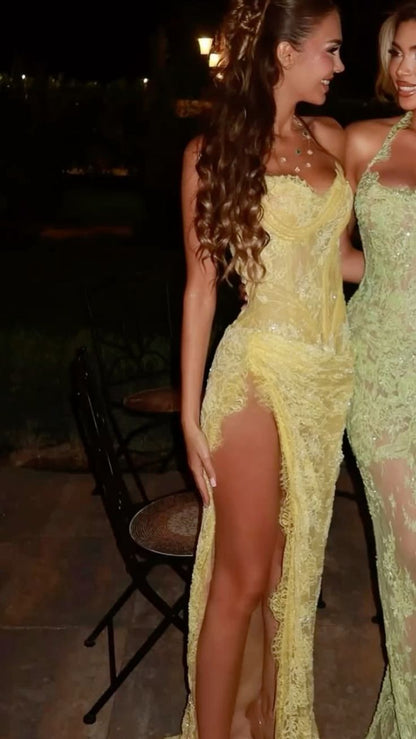 Unique Mermaid Sweetheart Yellow Lace Slit Prom Dresses Long Party Dress