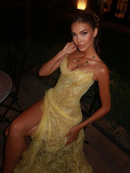 Unique Mermaid Sweetheart Yellow Lace Slit Prom Dresses Long Party Dress