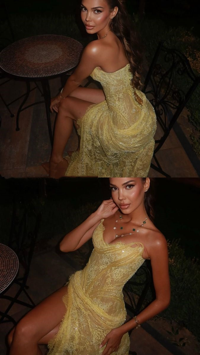 Unique Mermaid Sweetheart Yellow Lace Slit Prom Dresses Long Party Dress