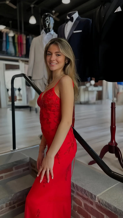 Red Beaded Lace Mermaid Prom Dress with Spaghetti Straps V Neck Lace-Up Open Back