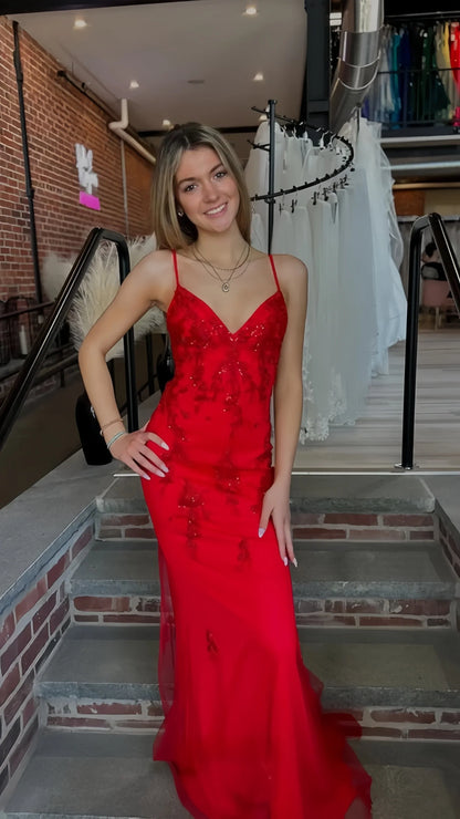 Red Beaded Lace Mermaid Prom Dress with Spaghetti Straps V Neck Lace-Up Open Back