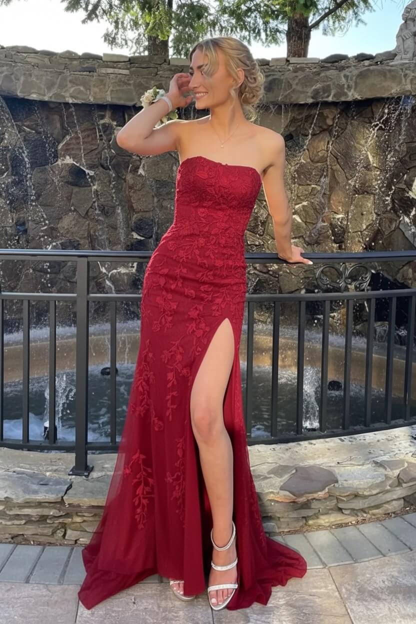 Strapless Prom Dress Mermaid Lace Long Evening Dress with Split