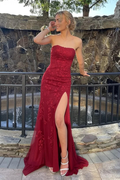 Strapless Prom Dress Mermaid Lace Long Evening Dress with Split