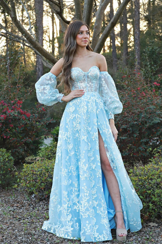 Removable Sleeves Blue Appliques Long Dress with Slit