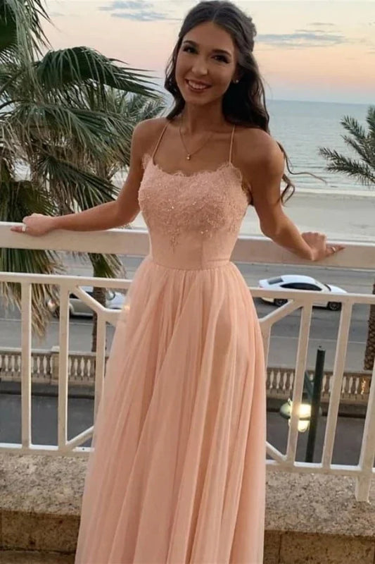 Romantic A-Line Sweetheart Neck Spaghetti-Strap Lace-Up Back Beaded Tulle Prom Dress