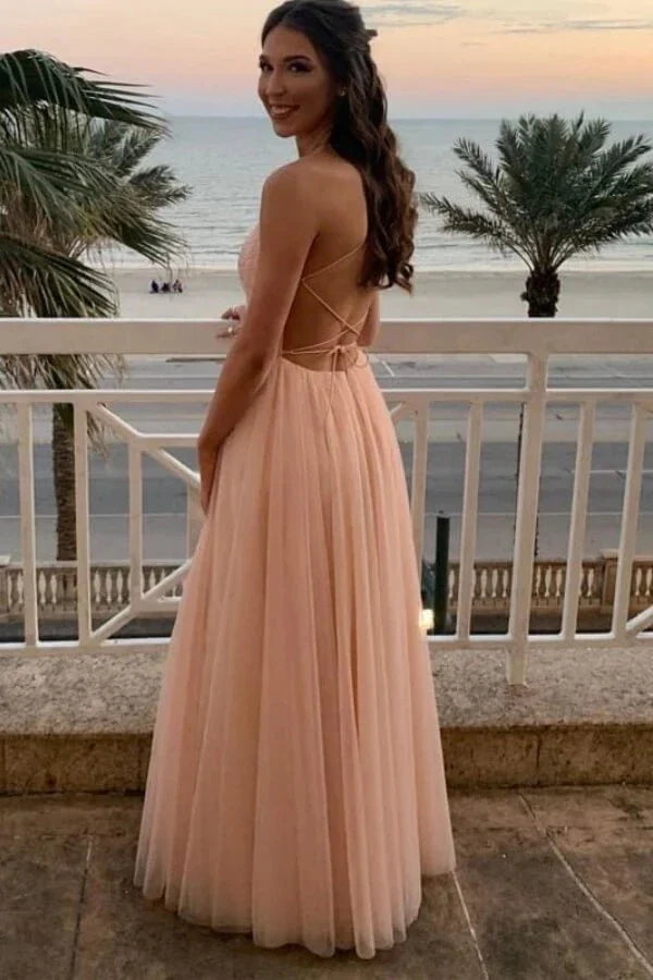 Romantic A-Line Sweetheart Neck Spaghetti-Strap Lace-Up Back Beaded Tulle Prom Dress