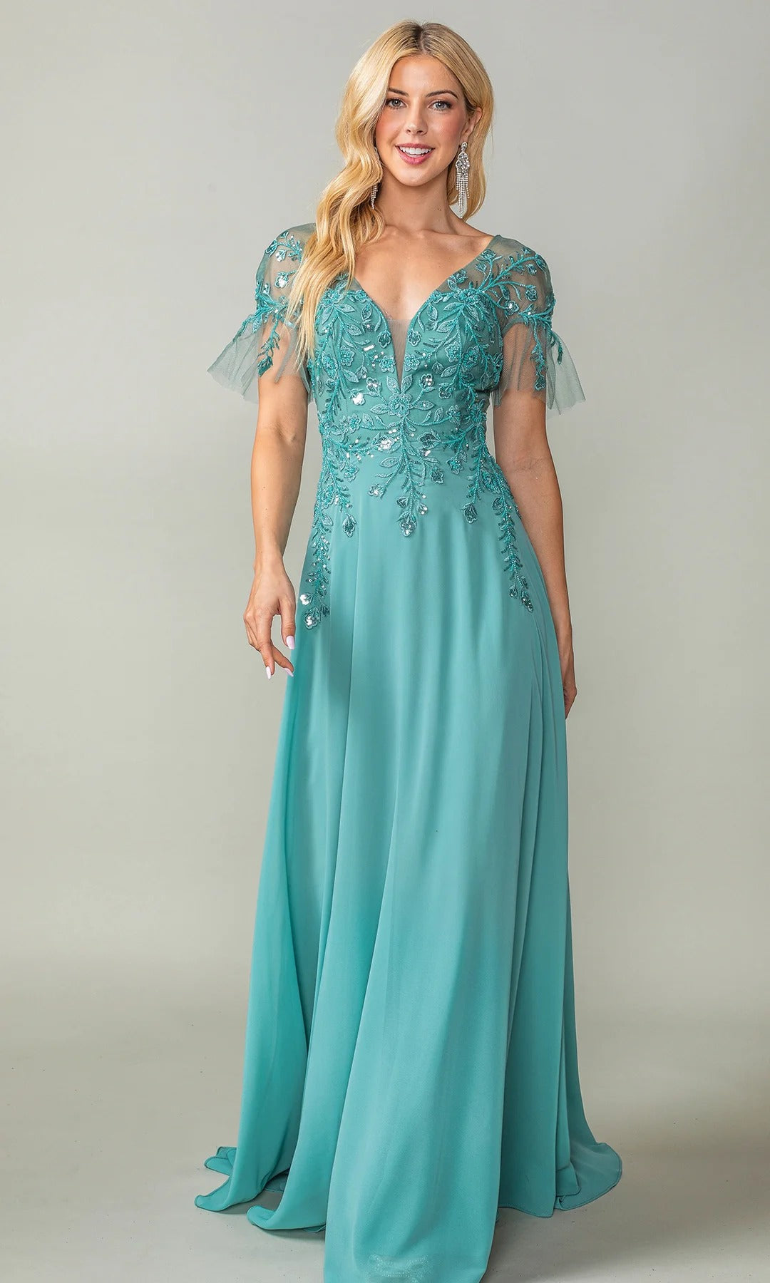 Romantic Chiffon Evening Dresses with Beaded Embroidery and Sheer Sleeves