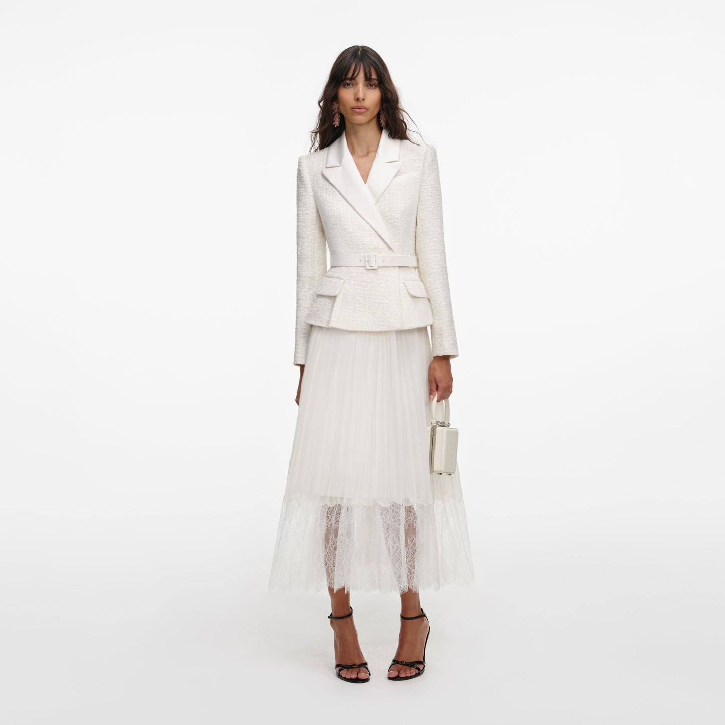 Cream Tailored Bouclé And Chiffon Midi Dress